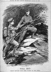 Väl mött! Storbritannien förenar sig med sina allierade på fältet från tidningen "Punch", Vol CXLVII s.161, pub. 19 augusti