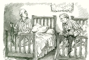 Arthur Balfour, konservativ, och Herbert Asquith, liberal, med sina julstrumpor. I parlamentsvalet i december 1910 fick ingen av dem egen majoritet. Asquith kunde bilda en koalitionsregering med Irländska nationalistpartiet.