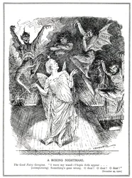 LLoyd George, koalitionsregeringens "goda fe" hoppas kunna förvandla Storbritannien till Utopia men frammanar istället mardrömmen och djävlarna med arbetslöshet, handelsnedgång, höga priser och oroligheter,