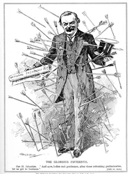 Lloyd George, avbildad som martyren Sankt Sebastian, attackerad för sin National Insurance Act, som trädde i kraft den 15 juli 1912 Insurance Act, 1911