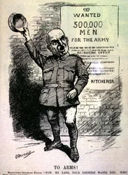 Till vapen! Rekryteringsshergeant Punch: "Nu, mina pojkar, vill ert land ha er. Vem är med på fronten?" från tidningen Punch, Vol CXLVII s.195, pub. 2 september.
