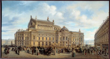 Utsikt över Opera Garnier, från rue Auber ca 1880 (olja på duk)