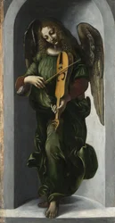 En ängel i grönt med en Vielle, ca. 1490-1499