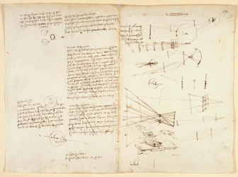 Arundel 263 f.115v, f.112 Anteckningar, skisser och ett diagram över ögats egenskaper, c.1490 (penna & bläck på papper)
