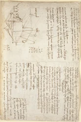Arundel 263, f.127, Anteckningar och schematisk skiss av en mekanisk grävare i perspektiv (side-on), c.1503-5 (penna & bläck på papper)