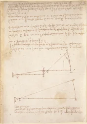 Arundel 263, f.214 Ritningar på de mekaniska krafterna och krafterna, slagverk, gravitation, rörelse, optik och astronomi, med olika aritmetiska och geometriska propositioner (penna och bläck på papper)