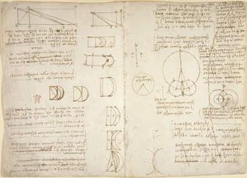 Arundel 263, f.222v, f.219, Ritningar på de mekaniska krafterna och krafterna, slagverk, gravitation, rörelse, optik och astronomi, med olika aritmetiska och geometriska propositioner (penna och bläck på papper)