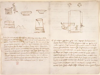 Arundel 263, f.259v, f.260 Anteckningar och grova skisser om processen att framställa salpeter för att förbereda krut (ej i Leonardos hand) (penna och bläck på papper)