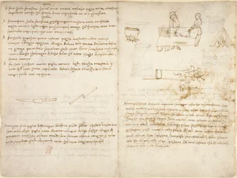 Arundel 263, f.260v Fem metoder för att förbereda olika sorters lim, och processen att glödga järn, åtföljda av grova skisser (ej i Leonardos hand) från 