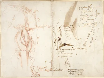 Arundel 263, f.275v, f.274 Planimetrisk skiss av floden Arno; anteckningar om avstånd och riktningar