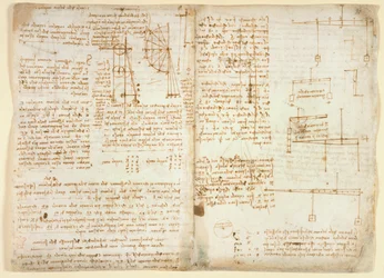 Arundel 263 f.32v, f.31 Anteckningar och diagram om mekanik, från 