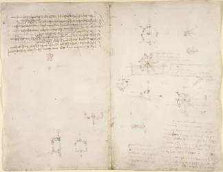 Arundel 263, f.35v, f.34 Ritningar på de mekaniska krafterna och krafterna, slagverk, gravitation, rörelse, optik och astronomi, med olika aritmetiska och geometriska propositioner.