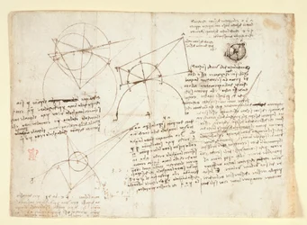Arundel 263, f.64v Baksidan av ett enda stort blad, tidigare bunden längs högerkanten och invikt i anteckningsboken. Anteckningar och diagram om optik, angående Alhazens problem; schematisk skiss av en ögonglob åtföljd av anteckningar relaterade till L