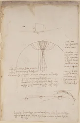 Arundel 263, f.85 Diagram över optik, rörande reflektionens kaustik; not och skiss om mekanik, om slagverkskraften och med hänvisningar till den aristoteliska principen 