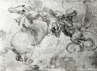Strid mellan en ryttare och en drake, c.1482 (underritning med penna, penna och pensel på papper)