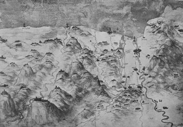 Fågelperspektiv över en del av Toscana, c1480 1945