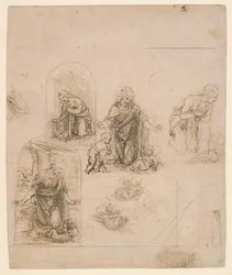 Kompositionsskisser för jungfrun som tillber Kristusbarnet, 1480-85 (silverpoint)