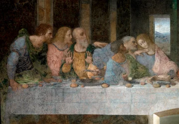 Detalj av La Cene (Il Cenacolo (Ultima Cena)) som från vänster till höger representerar aposteln Saint Barthelemy, Jakob, son till Alphee, Andre, Judas, Petrus och Johannes. 1495 - 1498. Fresk av Leonardo da Vinci (Leonardo da Vinci). Matsal i Santa Maria 