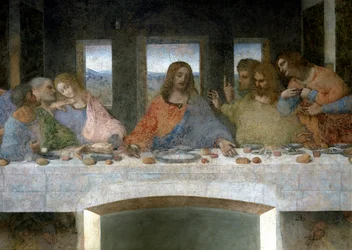 Detalj av nattvarden, Il Cenacolo (Nattvarden), med apostlarna Judas, Petrus och Johannes till vänster, Kristus i mitten och apostlarna Tomas, Jakob den äldre och Filippos. Bokstaven V mellan Johannes och Kristus skulle hänvisa till Graalens bägare eller