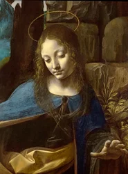 Detalj av Jungfruns huvud, från Madonnan i grottan (Jungfrun med den unge Johannes Döparen som tillber Kristusbarnet tillsammans med en ängel), detalj, ca 1508