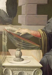 Detalj av Jungfru Maria, från bebådelsen, 1472-75 olja på panel efter restaurering