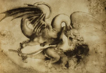 Drake som dödar ett lejon, teckning av Leonardo da Vinci. Gabinetto dei Disegni e Stampe, Uffizierna, Florens