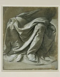 Draperi för en sittande figur, pensel och grå tempera, vita inslag på grå preparerad linneduk ...