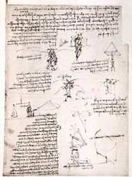 Utdrag ur ett Da Vinci-manuskript: Originalmanuskript som beskriver principen för och konstruktionen av en "fallskärm" (manuskript)