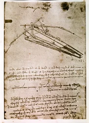 Utdrag ur ett Da Vinci-manuskript som beskriver principen för och konstruktionen av en "flygande maskin" (manuskript)