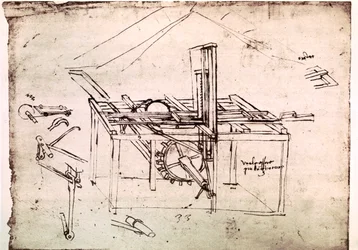 Utdrag ur ett Da Vinci-manuskript som beskriver principen för och konstruktionen av en "hydraulisk såg med automatisk framdrivning" (manuskript)