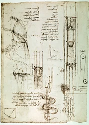 Utdrag ur ett Da Vinci-manuskript som beskriver principen för och konstruktionen av en "Pile Drive (Pile Mallet)" (manuskript)