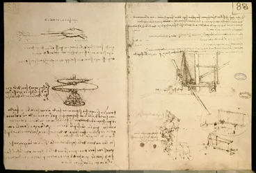 Flygmaskiner, en av de första teckningarna av en helikopterliknande flygmaskin, ca 1487
