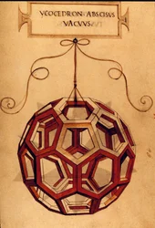 Geometri: "" An Icosahedron"" Sidan hämtad från manuskriptet "" De divina proportione"" (Om gudomliga proportioner) av matematikern Fra Luca Pacioli dit Luca di Borgo (1445-1517) illustrerad av Leonardo da Vinci (1452-1519). 1509.