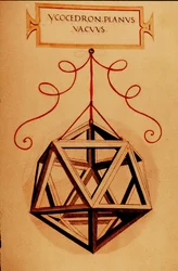 Geometri: "" An Icosahedron"" Sidan hämtad från manuskriptet "" De divina proportione"" (Om gudomliga proportioner) av matematikern Fra Luca Pacioli dit Luca di Borgo (1445-1517) illustrerad av Leonardo da Vinci (1452-1519). 1509.