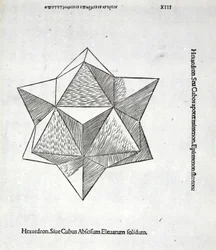 Hexaedron av en avskuren förhöjd solid, illustration från "Divine Proportion" av Luca Pacioli (c.1445-1517), ursprungligen pub. Venedig, 1509