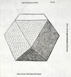 Solid Hexaedron, illustration från "Divine Proportion" av Luca Pacioli (c.1445-1517), ursprungligen pub. Venedig, 1509
