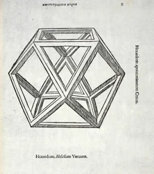 Hexaedron Abscissum Vacuum, illustration från "Divine Proportion" av Luca Pacioli (c.1445-1517), ursprungligen pub. Venedig, 1509