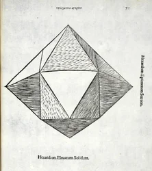 Hexaedron förhöjd solidus, illustration från "Divine Proportion" av Luca Pacioli (ca 1445-1517), ursprungligen pub. Venedig, 1509