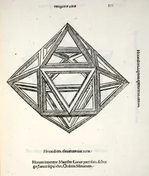 Hexaedron förhöjt vakuum, illustration från "Divine Proportion" av Luca Pacioli (ca 1445-1517), ursprungligen pub. Venedig, 1509