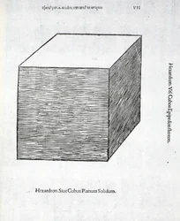 Den solida plana hexaedronen, illustration från "Divine Proportion" av Luca Pacioli (c.1445-1517), ursprungligen pub. Venedig, 1509