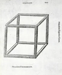 Hexahedron fullt vakuum, illustration från "Divine Proportion" av Luca Pacioli (ca 1445-1517), ursprungligen pub. Venedig, 1509