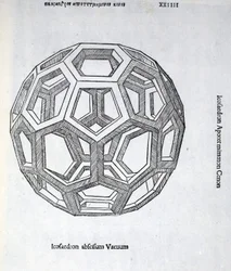 Den tomma Icosaedronen, illustration från "Divine Proportion" av Luca Pacioli (c.1445-1517), ursprungligen pub. Venedig, 1509