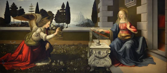 Italien, Toscana, Florens, Uffizierna: Bebådelsen, målning av Leonardo da Vinci (1452-1519), olja på trä, ca 1472-1475, 98x217 cm