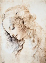 Leonardo da Vinci (1452-1519): Porträtt av en flicka med slutna ögon och sänkt huvud, med håret prytt av ett band berikat med smycken (Immagina)