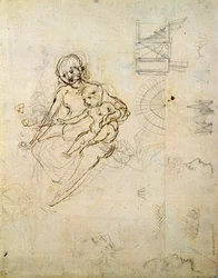 Studies for a Virgin and Child and of Heads in Profile and Machines, c.1478-80 (penna och bläck på papper)