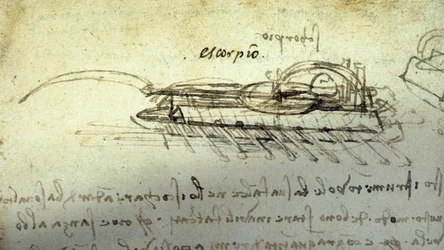Studie för en krigsmaskin Escorpio av Leonard de Vinci (Leonardo da Vinci) (1452 - 1519). Rita med penna och bläck.