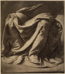 Studie för Jungfruns mantel i Bebådelsen som i dag finns i Uffizierna; akvarell och svart, upphöjt med vitt, på mycket fin duk, av Leonardo da Vinci. Louvren, Paris