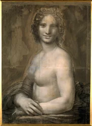 Studie av kvinnlig nakenmodell, troligen Mona Lisas nakna byst, tillskriven Mona Lisa. Teckning på brunt papper med svartkrita från Leonardo da Vincis skola (1452-1519). Mått: 0.72 x 0.54 m. Chantilly, Musée Condé
