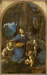 The Virgin of the Rocks (med spädbarnet St. John som avgudar spädbarnet Kristus åtföljd av en ängel), ca 1508 (olja på panel)