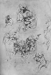 Två studier av Madonnan och barnet med en katt och tre studier av barnet, 1475-1481 1945